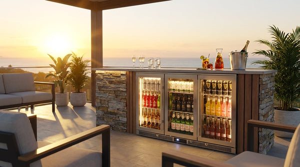 Rhino ENV range 316 stainless steel outdoor bar fridge under a pergola