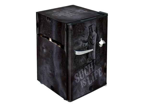 Ned Kelly retro mini bar fridge 70L — front view with licensed artwork