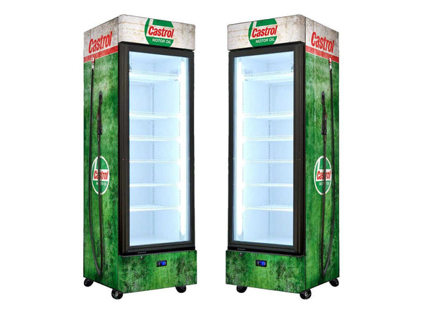 Castrol 370L upright glass-door vintage fuel pump bar fridge