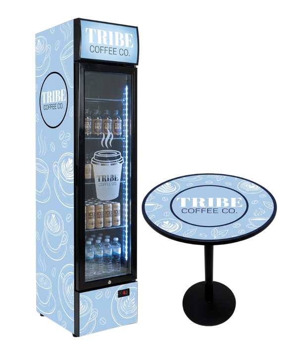 Tribe Coffee Co. custom branded bar fridge with matching branded table