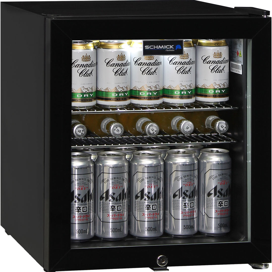 50 Litre – Glass Door Mini Bar Fridge with Lock – 38 Can Capacity - Schmick HUS-SC50AB