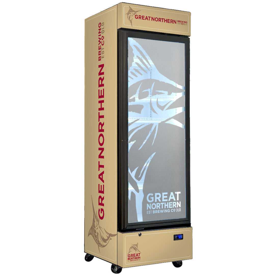 Great Northern Original 370L Upright Quiet Running Black Glass Door Bar Fridge - Model SC372LB-GNBC-GOLD