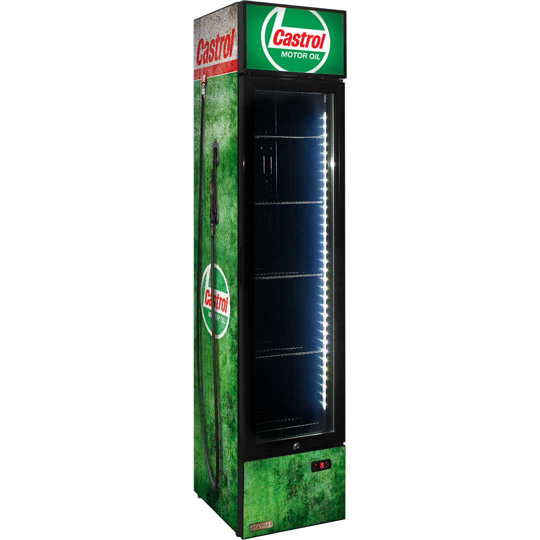 Castrol Fuel Pump Branded Skinny Upright Bar Fridge - SS-P160FA-FP-CASTROL