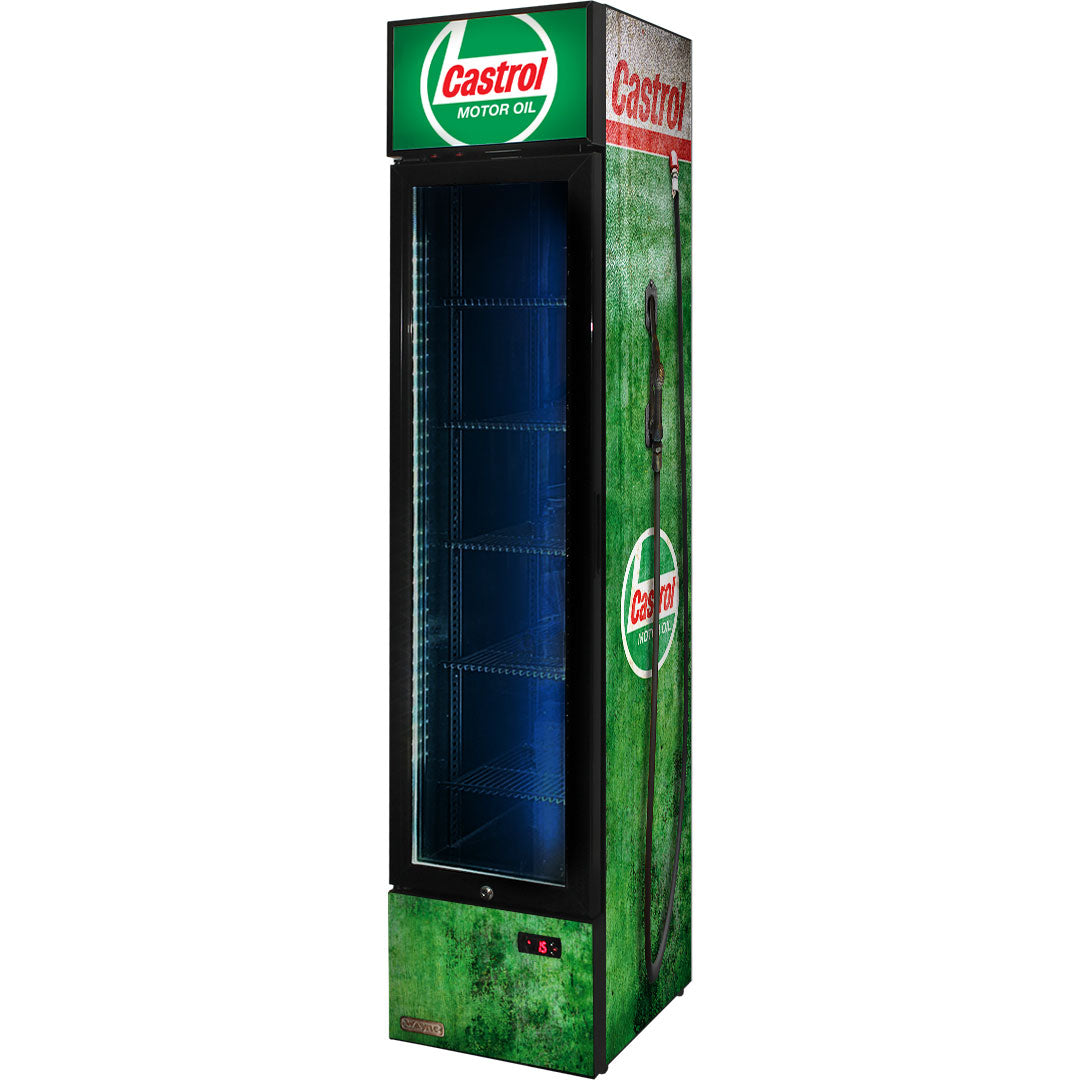 Castrol Fuel Pump Branded Skinny Upright Bar Fridge - SS-P160FA-FP-CASTROL