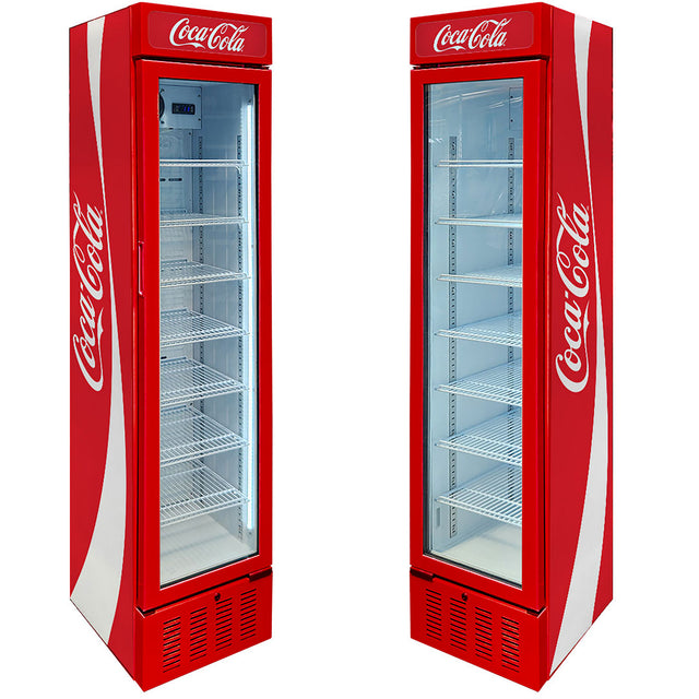 Coca Cola Skinny Upright Glass Door Bar Fridge Triple Glazed LOW E Glass, Lock And LED Light Box - Model SK160R-CCR