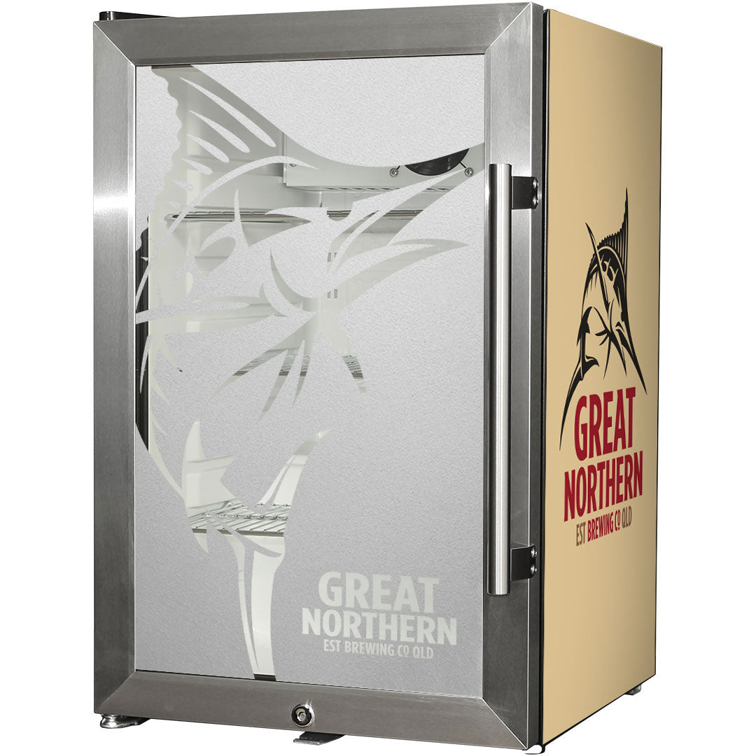 Great Northern Gold Tropical Glass Door Fridge - 80 Cans Left Hinge Model EC68L-SSH-GOLD