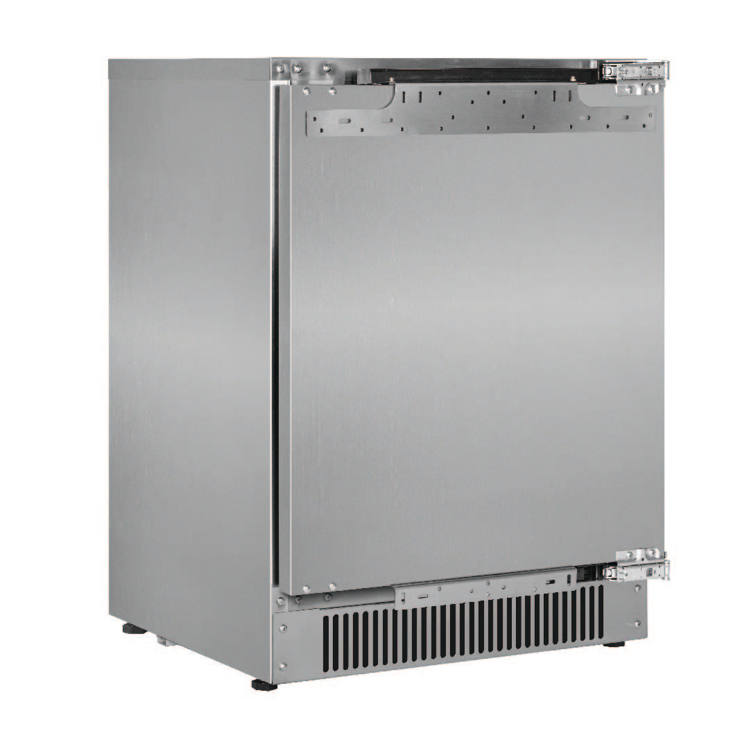 Blastcool Extremis iXP1-840-R closed, bare 316 stainless cabinet showing the integration brackets, right-hand hinges and front ventilation grille