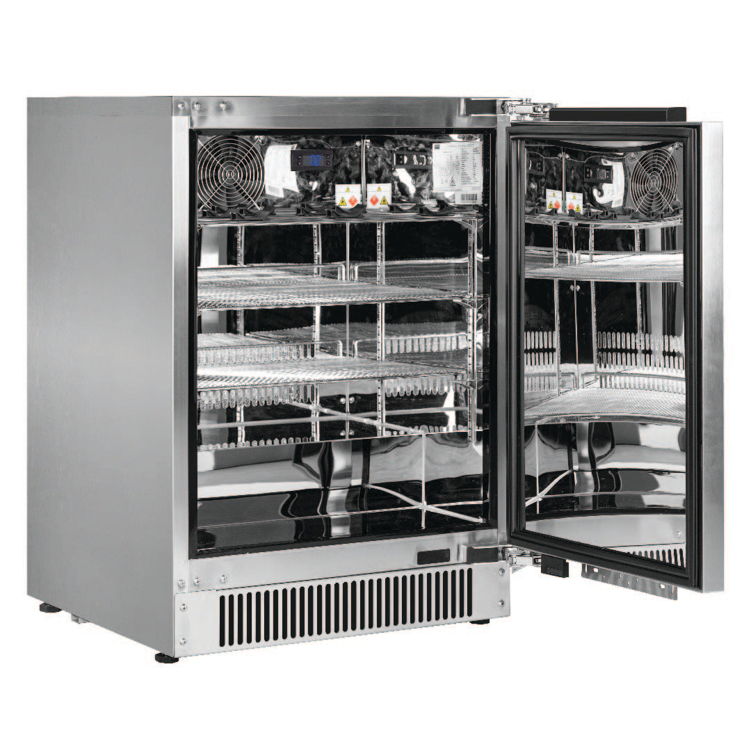 Blastcool iXP1-840-R door open showing the chromed shelf layout and mirrored stainless cavity
