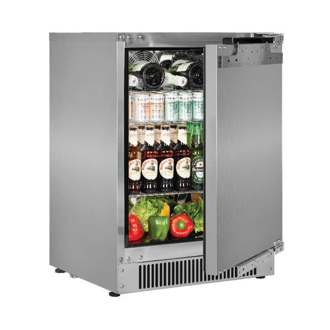 Blastcool iXP1-840-R stocked with beer bottles, cans and fresh produce on chromed shelves