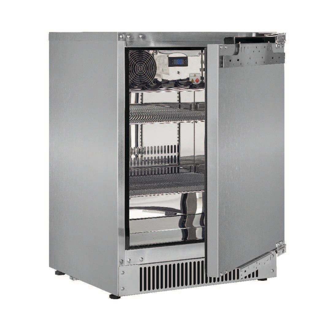 Blastcool iXP1-840-R with the door open on an empty mirror-finish stainless interior, chromed shelves and the temperature controller