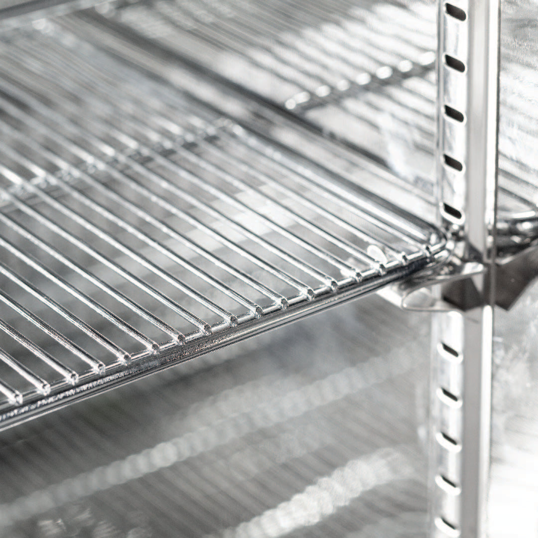 Chromed shelving detail for the Blastcool iXP1-840-R outdoor bar fridge