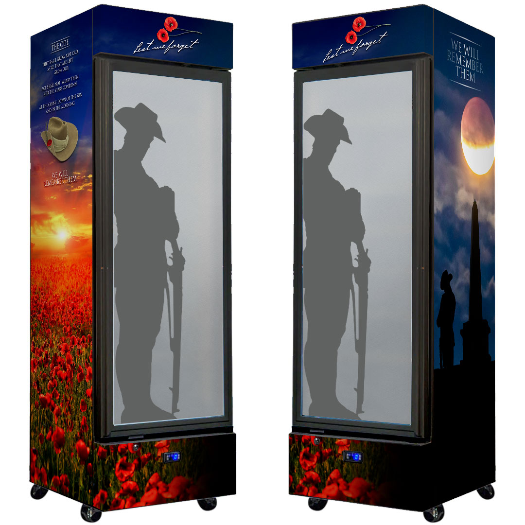 Lest We Forget Upright Quiet Running Black Glass Door Bar Fridge - Model SC372B-LWF2