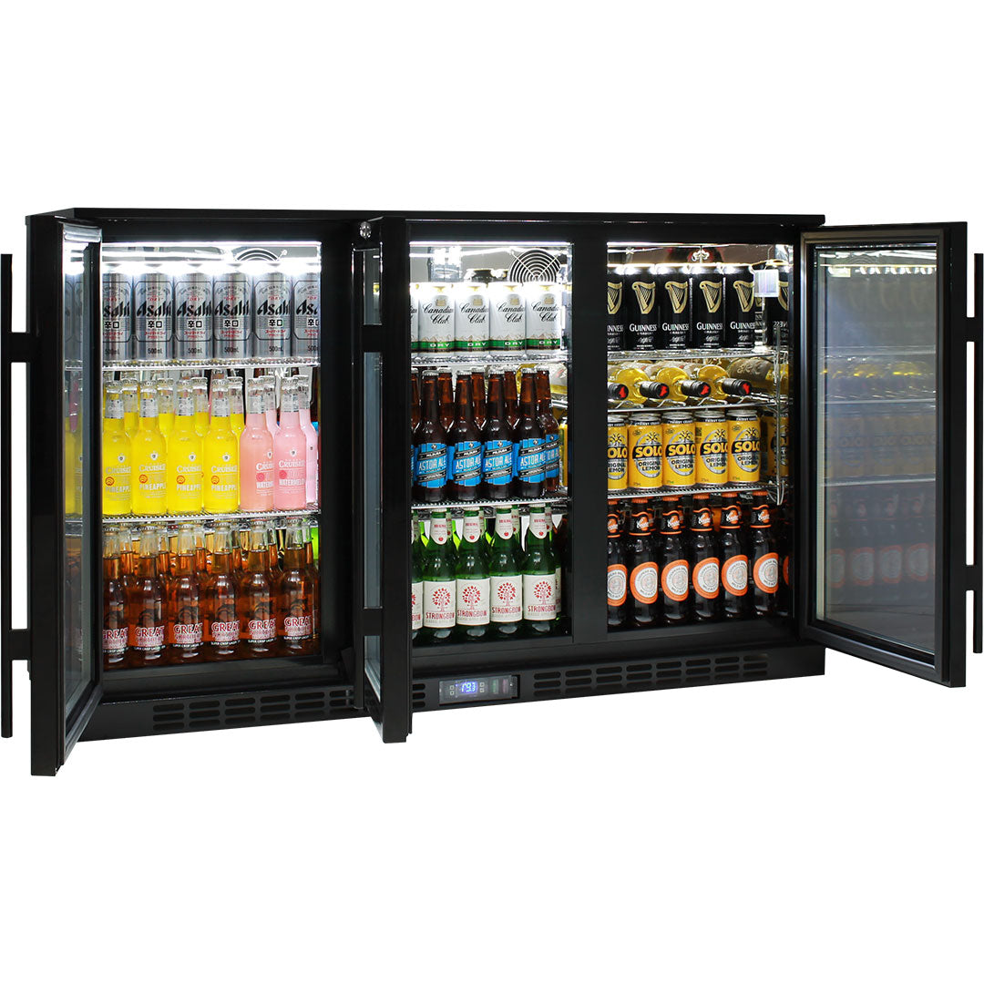 Rhino 330L Commercial Glass 3 Door Bar Fridge Energy Efficient With LG Compressor - SG3H-B