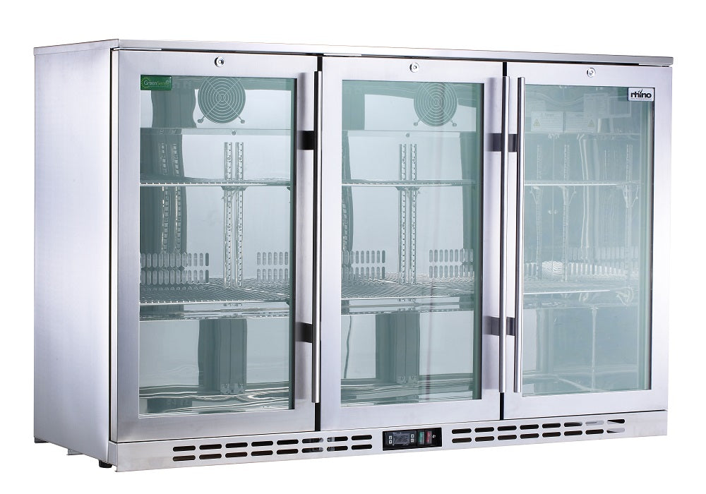 Rhino 330L Heated Glass Stainless Steel 3 Door Bar Fridge - King's Choice Winner - SG3H-HD