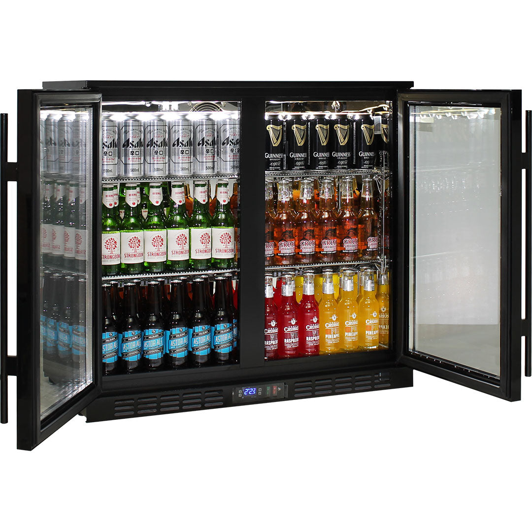Rhino SG2H-BQ-HD - 208L Black 2 Door Heated Glass Bar Fridge - King's Choice Winner