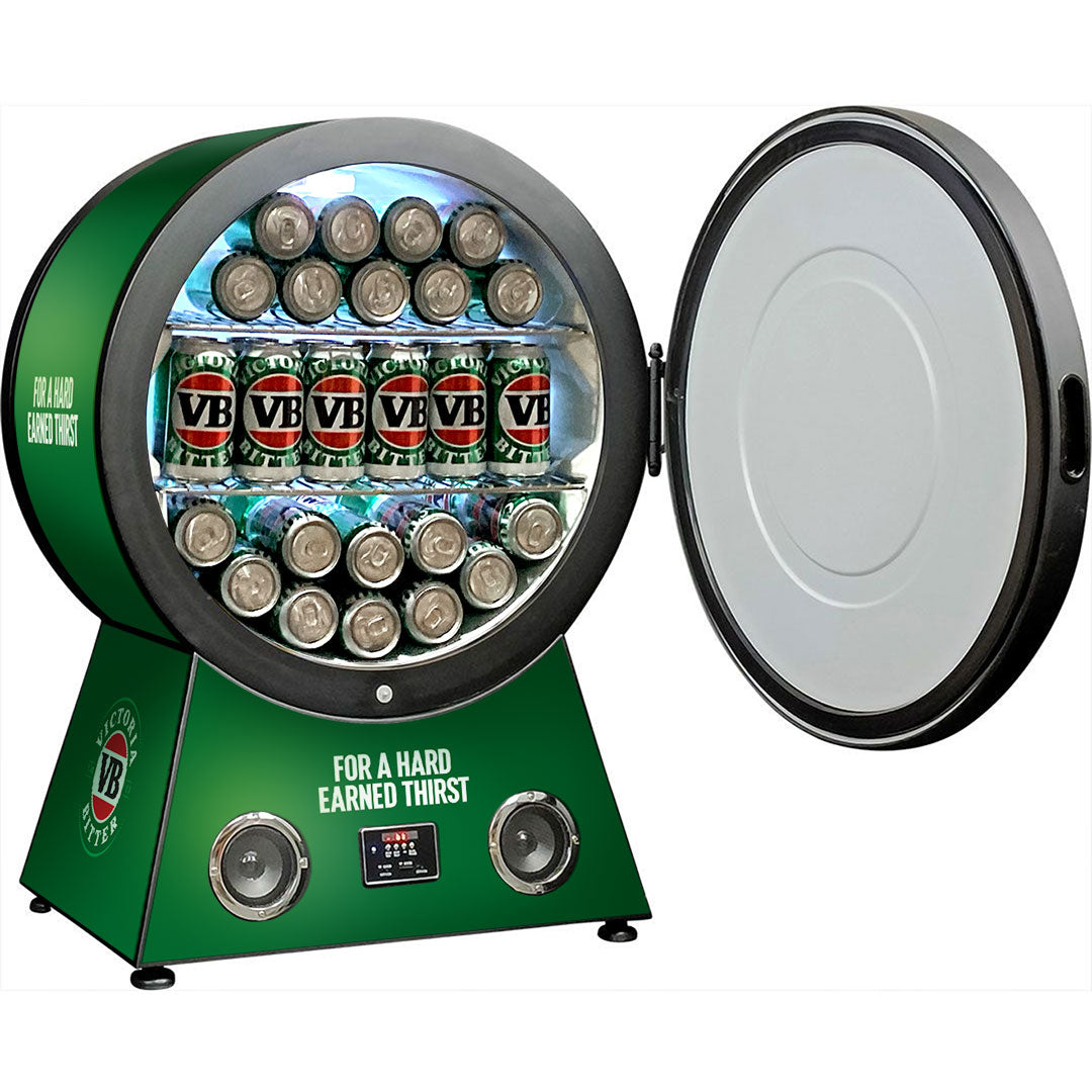 Schmick RF-42-VB-V1 – Round VB Bar Fridge with Bluetooth, Speakers & Bottle Opening Sound – 42 Litres