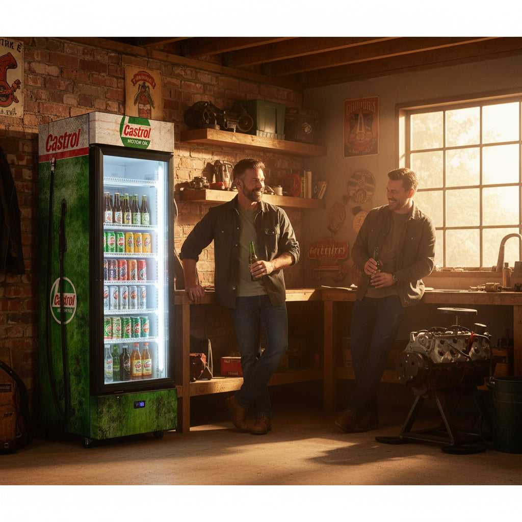 Castrol Fuel Pump Upright Quiet Running Black Glass Door Bar Fridge - Model SC372-CASTROL lifestyle image