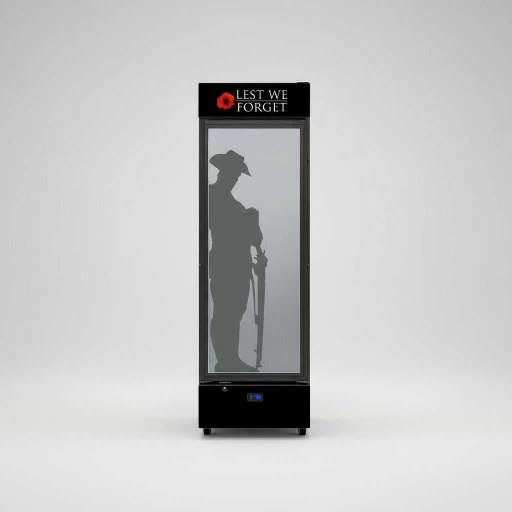 Lest We Forget Upright Quiet Running Black Glass Door Bar Fridge - Model SC372B-LWF lifestyle image