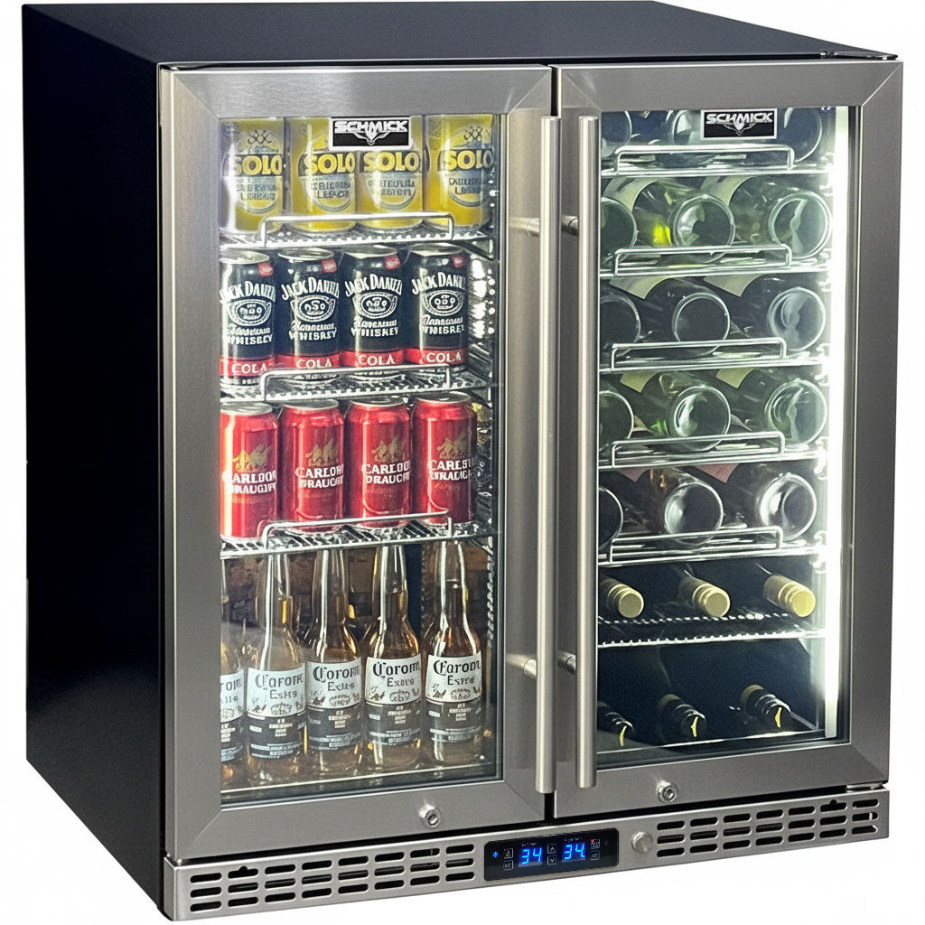 Schmick Under Bench Beer And Wine Dual Zone Stainless Steel Heated Glass Bar Fridge - Model SK198D-HD