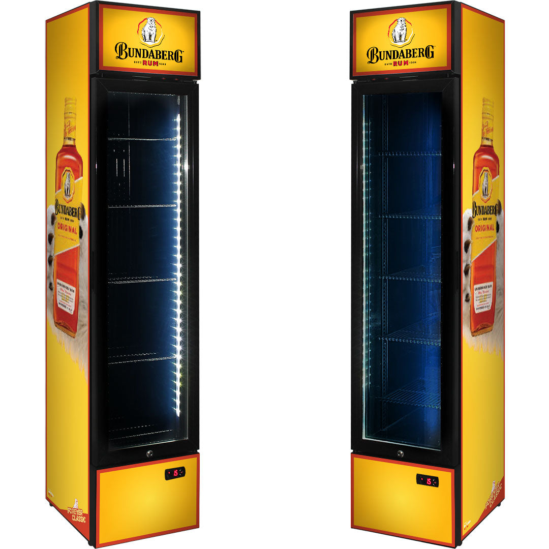 BUNDY RUM Branded Skinny Upright Bar Fridge - Model SS-P160-Bundy-1