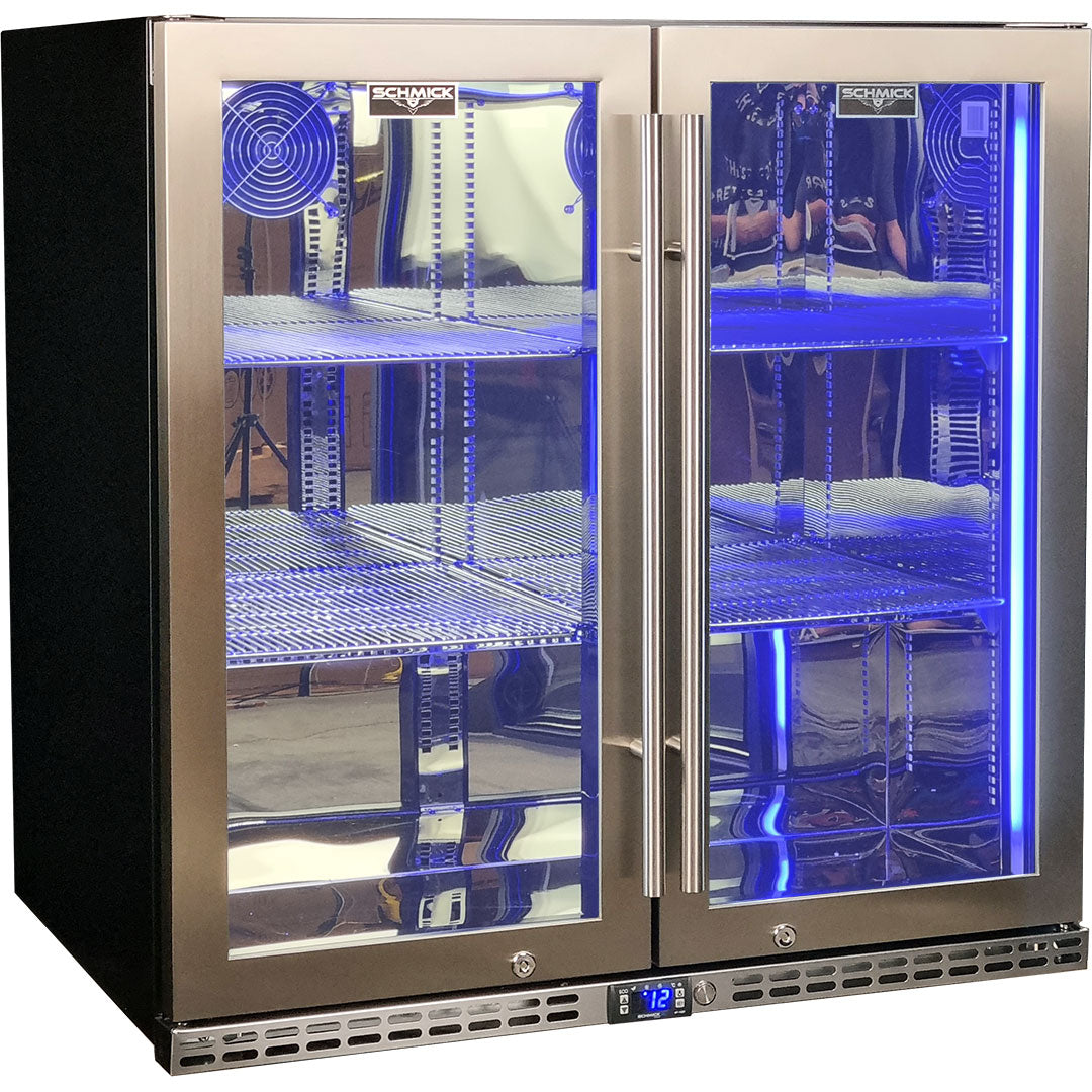 Schmick SK245-HD – Quiet Running Front Venting Under Bench Heated Glass 2 Door Bar Fridge – 274 Litres