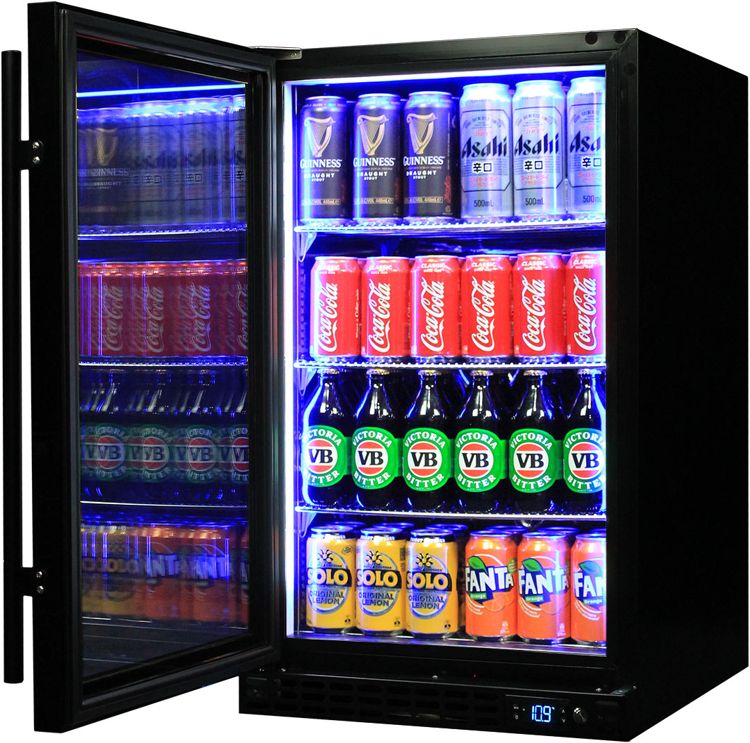 Schmick SK126L-B-HD – Quiet Running Front Venting Under Bench Heated Black Glass Door Bar Fridge – 132 Litres