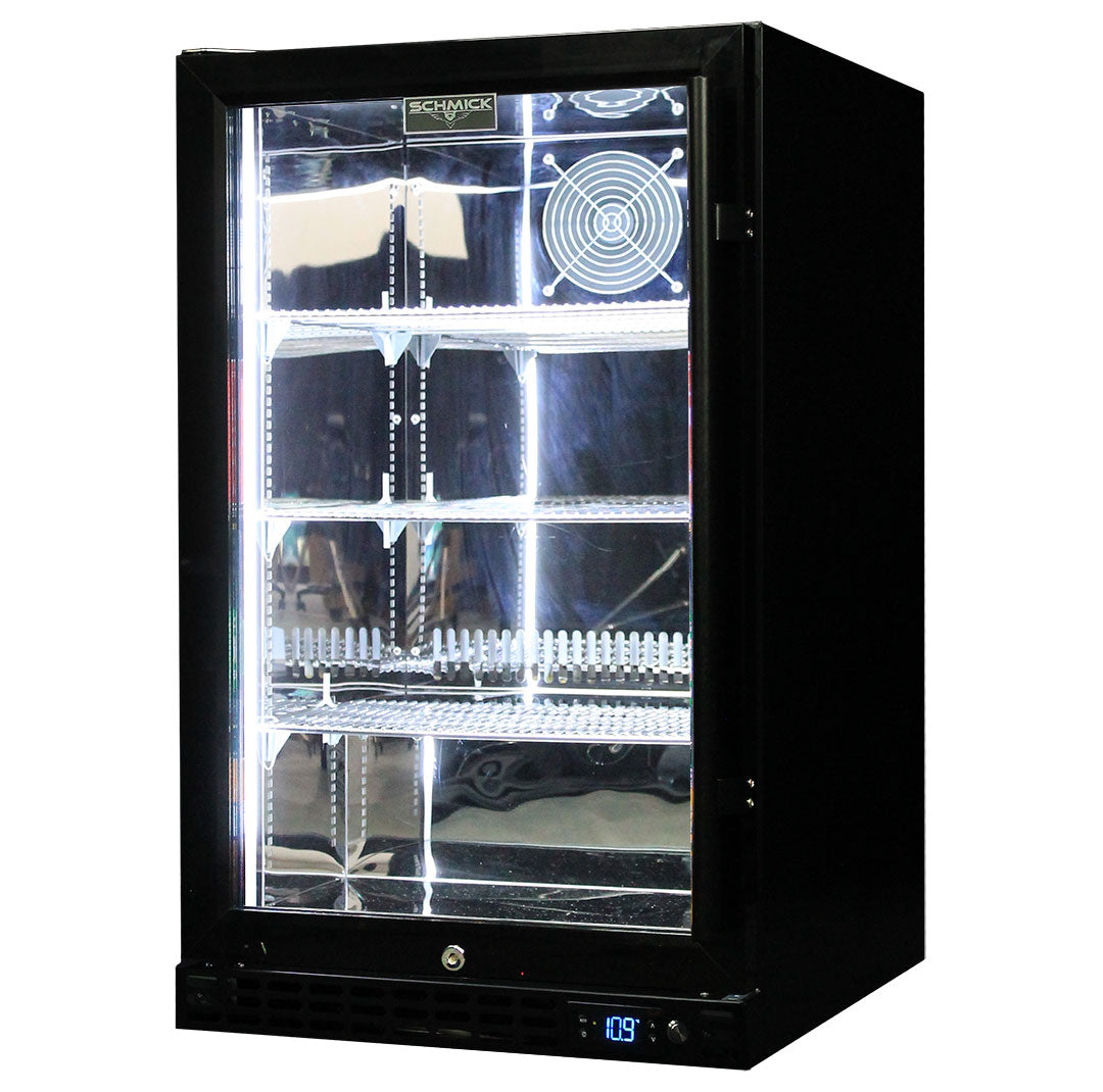 Schmick SK126L-B-HD – Quiet Running Front Venting Under Bench Heated Black Glass Door Bar Fridge – 132 Litres