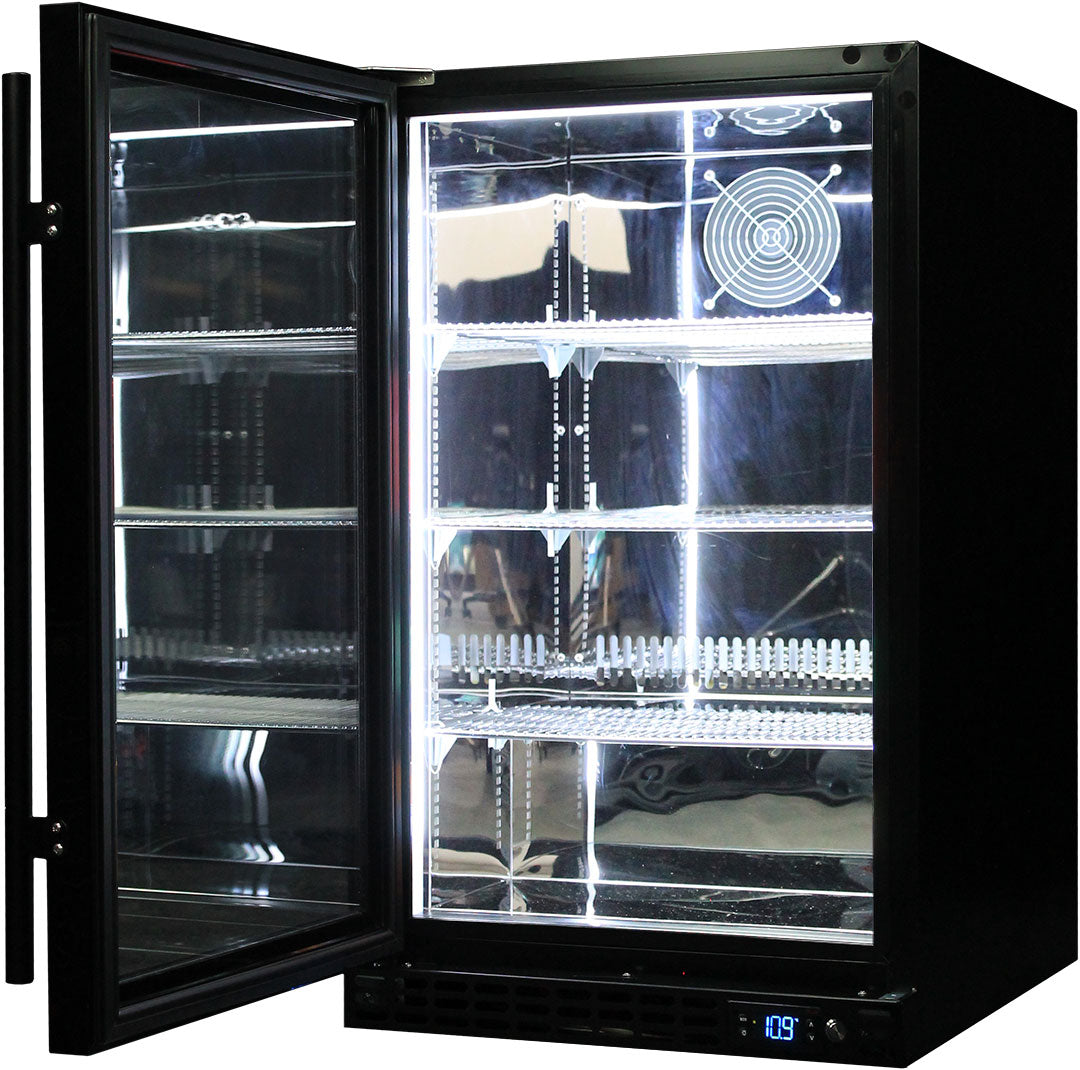 Schmick SK126L-B-HD – Quiet Running Front Venting Under Bench Heated Black Glass Door Bar Fridge – 132 Litres