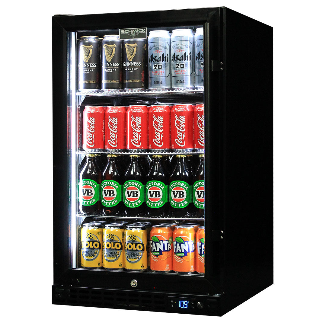 Schmick SK126L-B-HD – Quiet Running Front Venting Under Bench Heated Black Glass Door Bar Fridge – 132 Litres