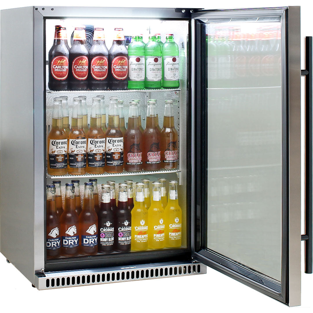 Schmick SK118R-SS – 304 Stainless Steel Tropical Rated Bar Fridge with Heated & Triple Glazed Glass – 118 Litres