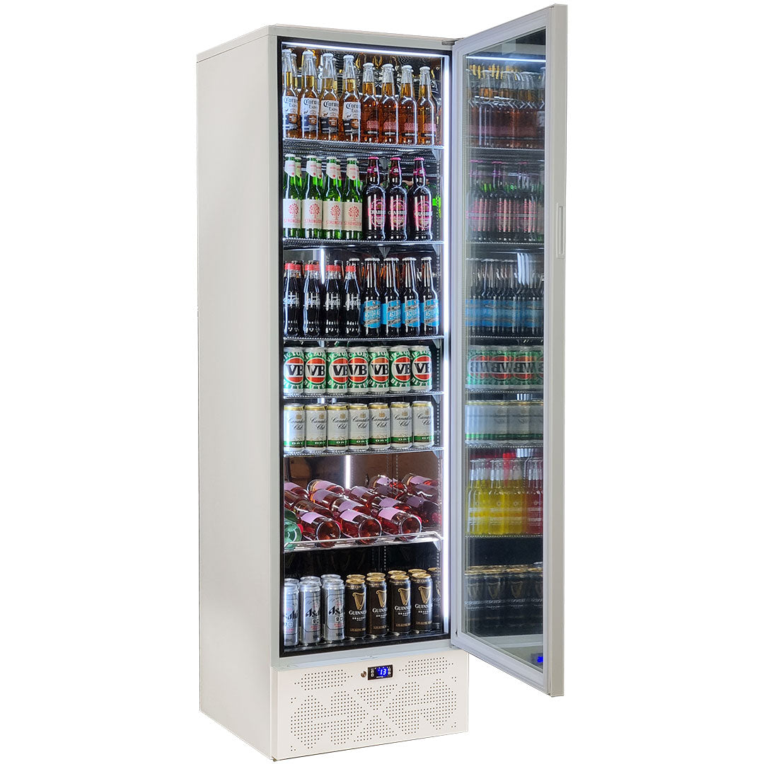 Schmick - SK422R-W-HD – Classy Upright Heated Glass Door Bar Fridge – 398 Litres
