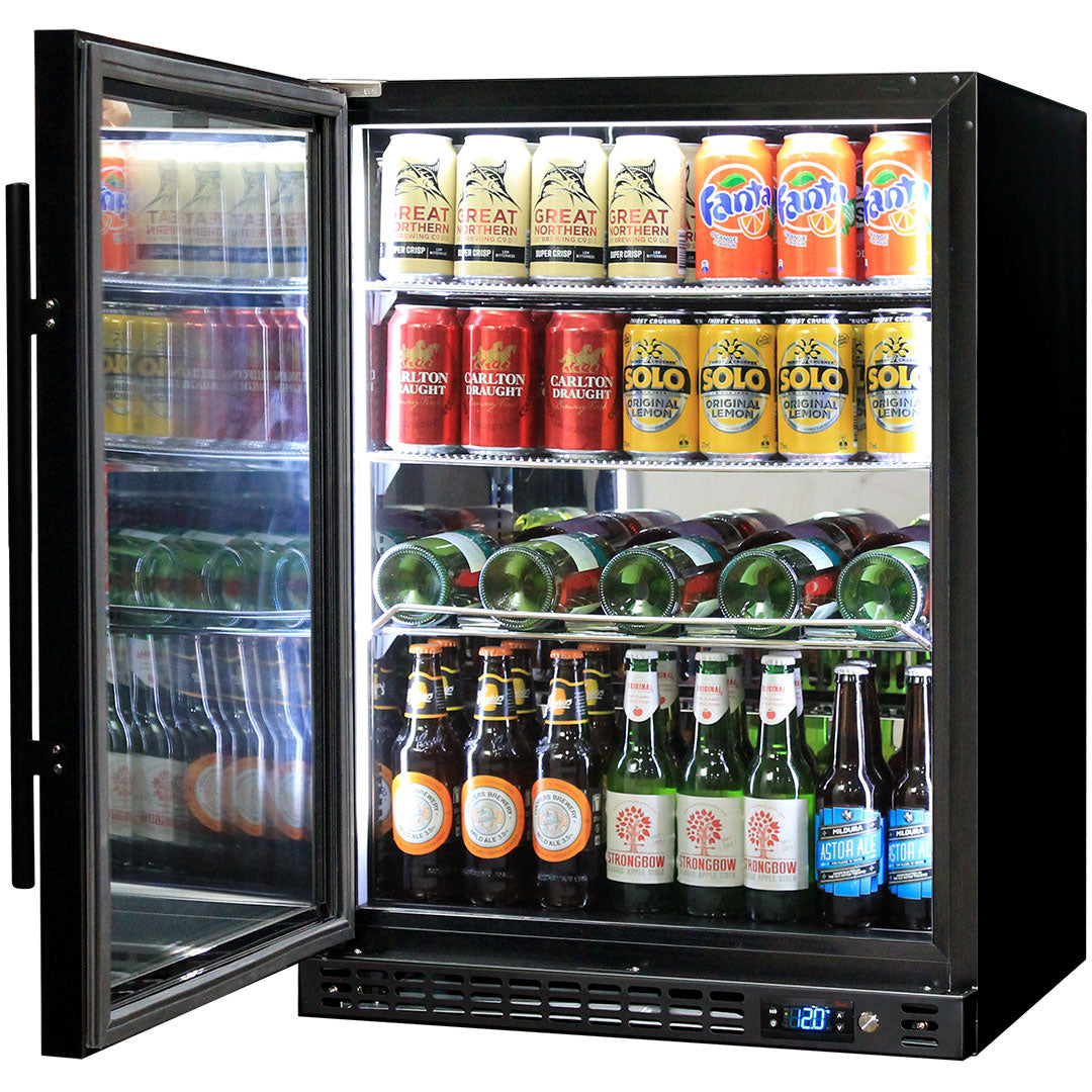 Black Heated Glass 1 Door Bar Fridge - 164 Litres - Schmick SK156L-B-HD
