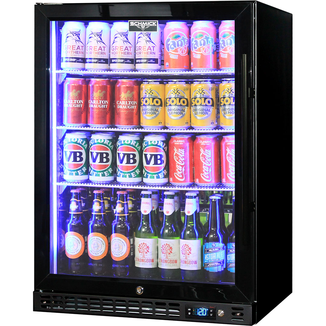 Black Heated Glass 1 Door Bar Fridge - 164 Litres - Schmick SK156L-B-HD