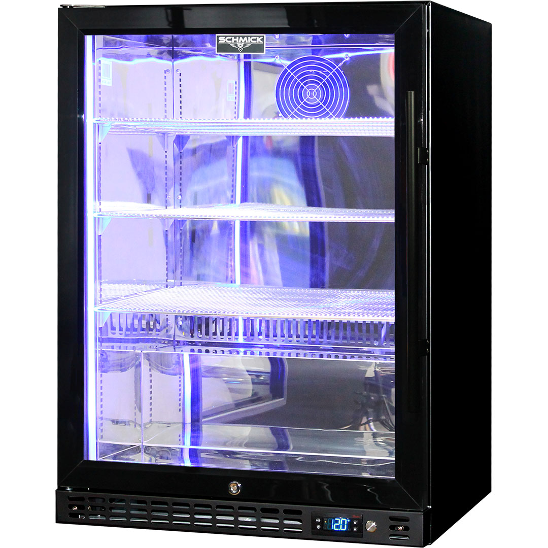 Black Heated Glass 1 Door Bar Fridge - 164 Litres - Schmick SK156L-B-HD