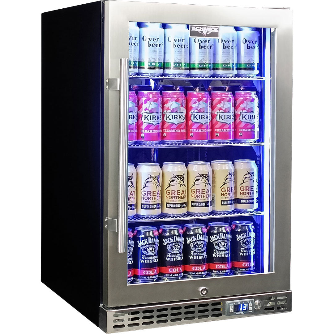 Schmick SK116R-HD – Quiet Running Front Venting Under Bench Heated Glass Door Bar Fridge – 121 Litres