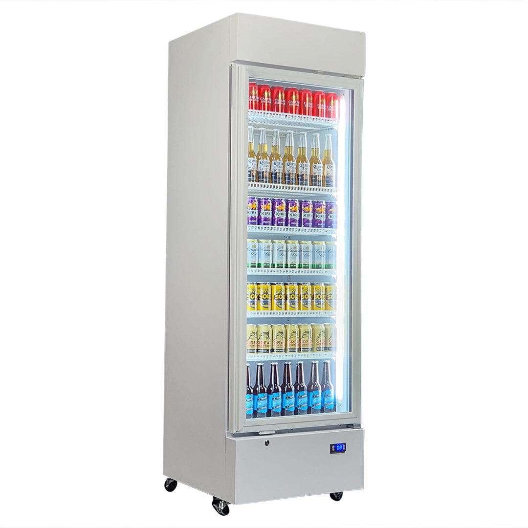 370 Litre White Upright Glass Door Bar Fridge - Quiet - HUS-SC372LW