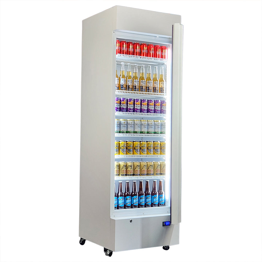 370 Litre White Upright Glass Door Bar Fridge - Quiet Running - HUS-SC372W