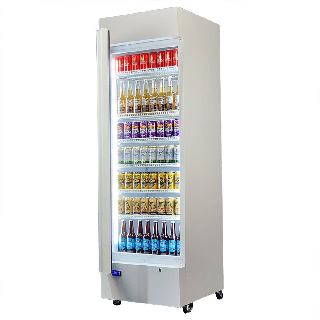 370 Litre White Upright Glass Door Bar Fridge - Quiet - HUS-SC372LW