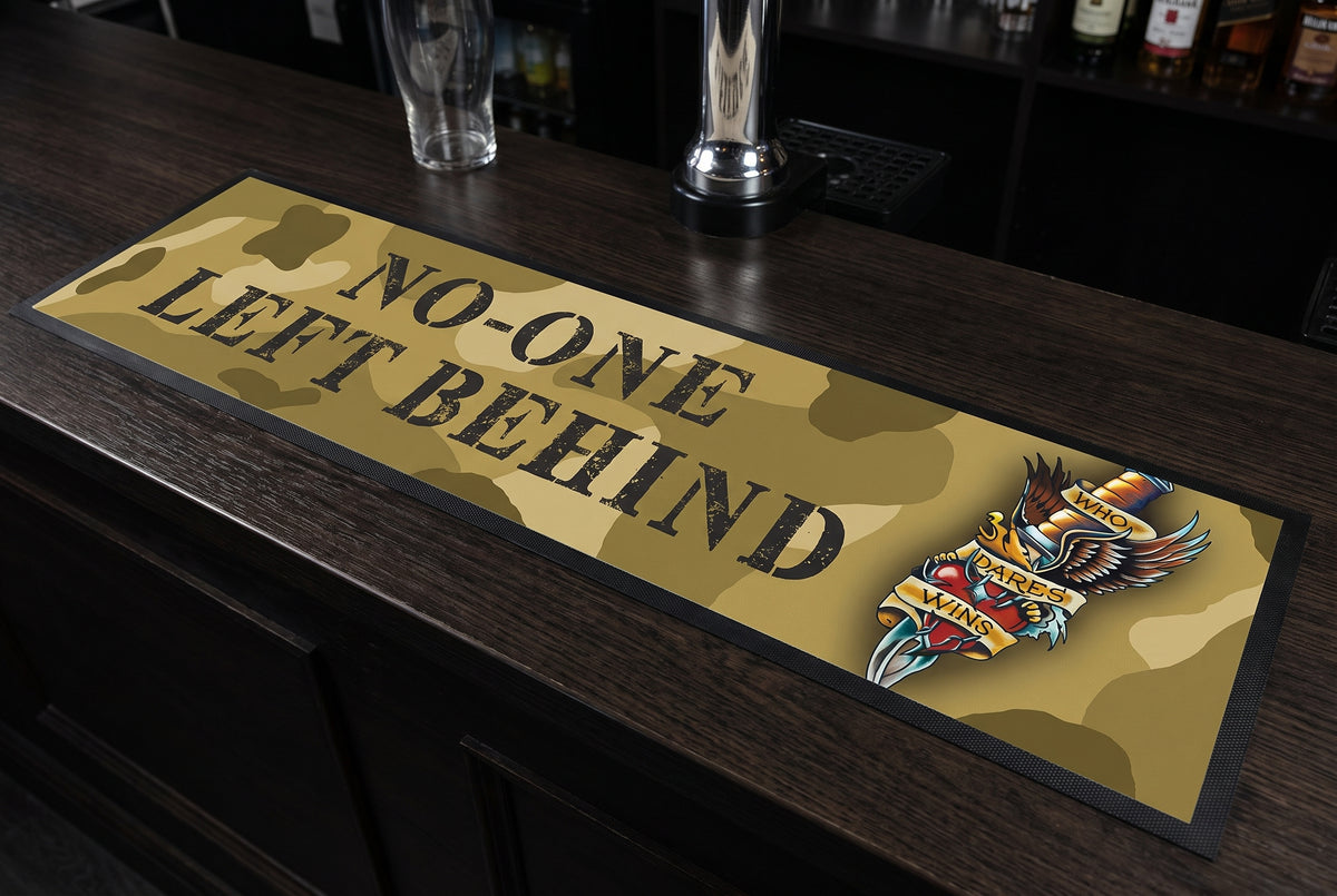 Army No-one Left Behind Premium Rubber-Backed Bar Mat Runner on a bar top