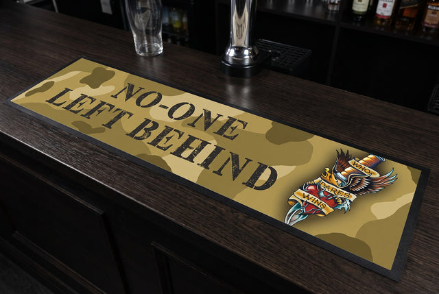 Army No-one Left Behind Premium Rubber-Backed Bar Mat Runner on a bar top