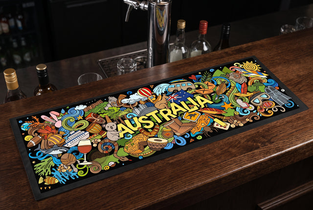 Australia Cartoon Premium Rubber-Backed Bar Mat Runner on a bar top