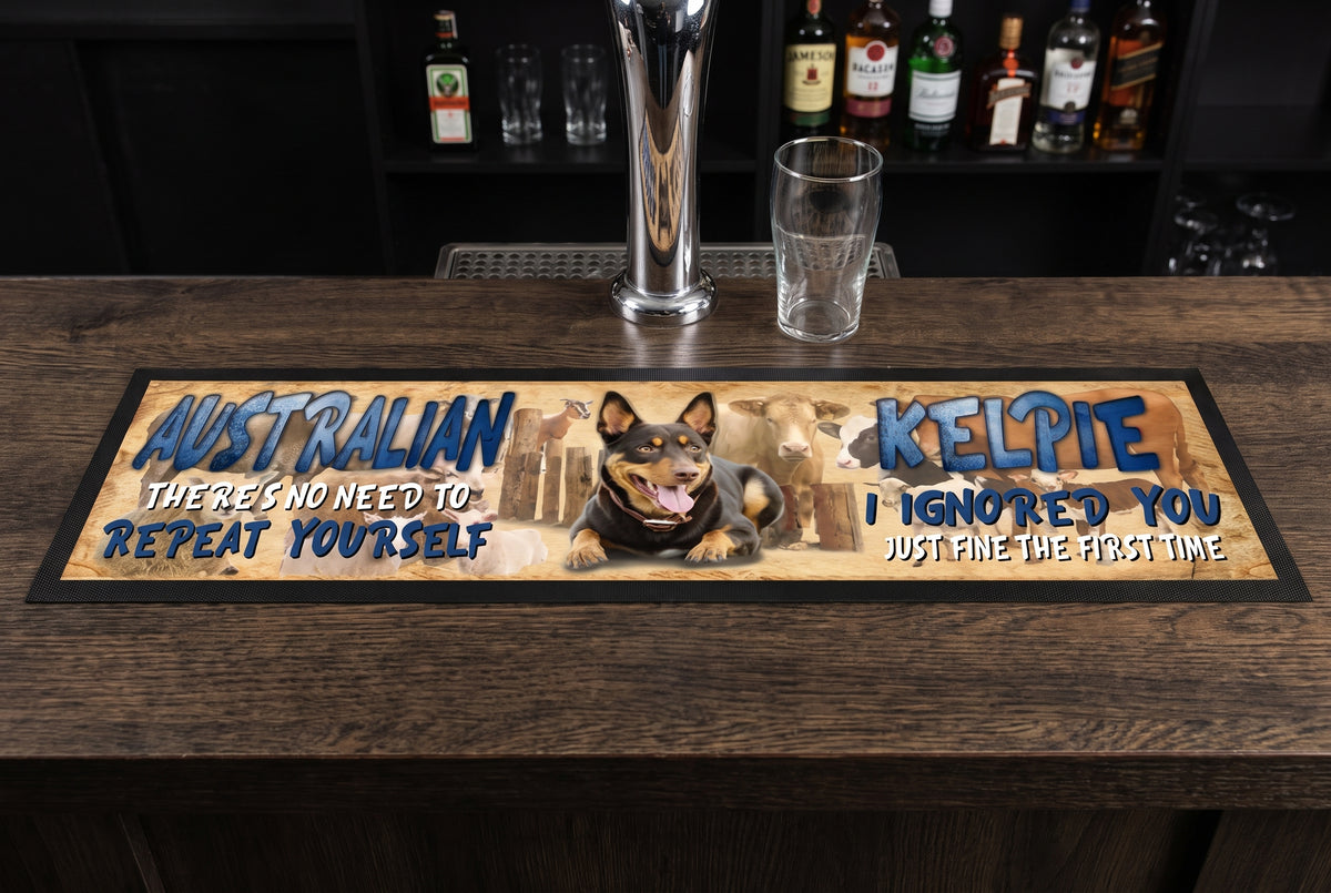 Australian Kelpies Premium Rubber-Backed Bar Mat Runner on a bar top