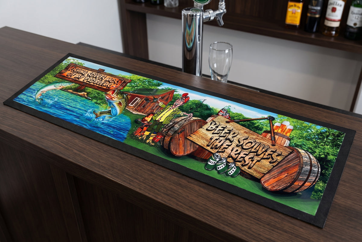 Beer & Fishing Premium Rubber-Backed Bar Mat Runner on a bar top