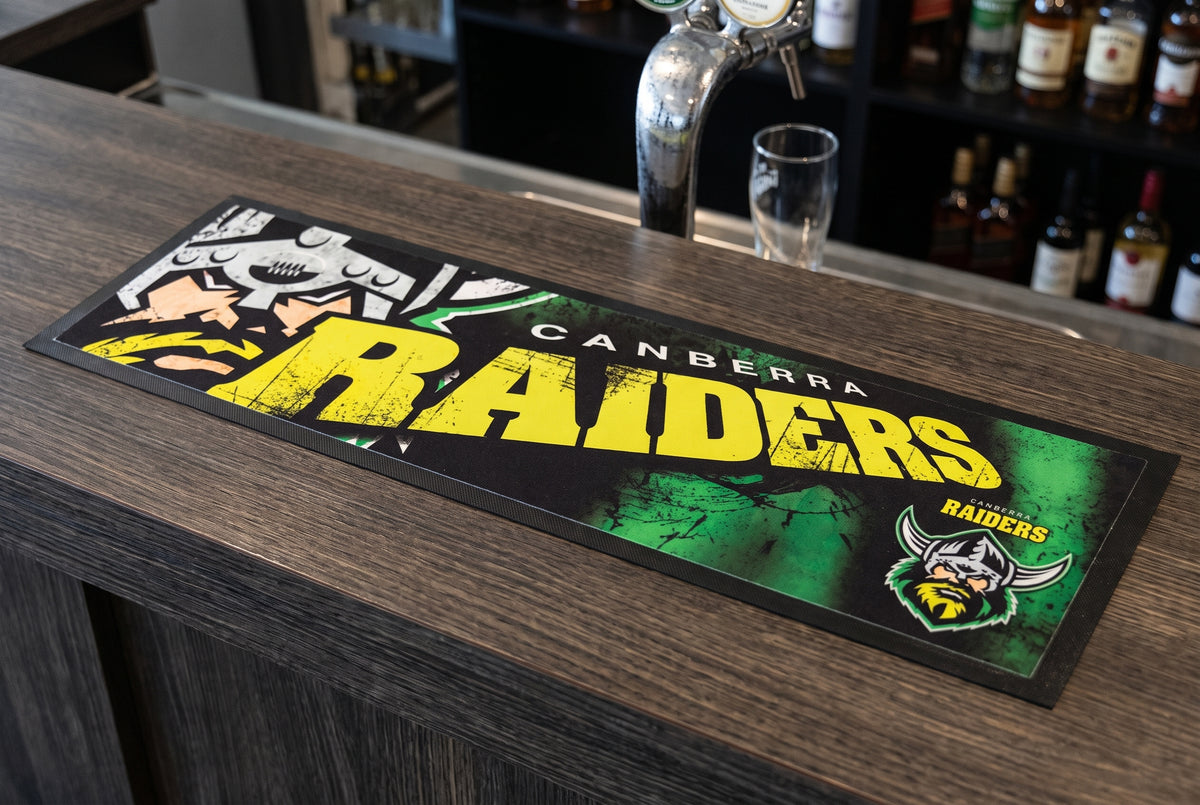 Canberra Raiders NRL Rubber-Backed Bar Runner on a bar top