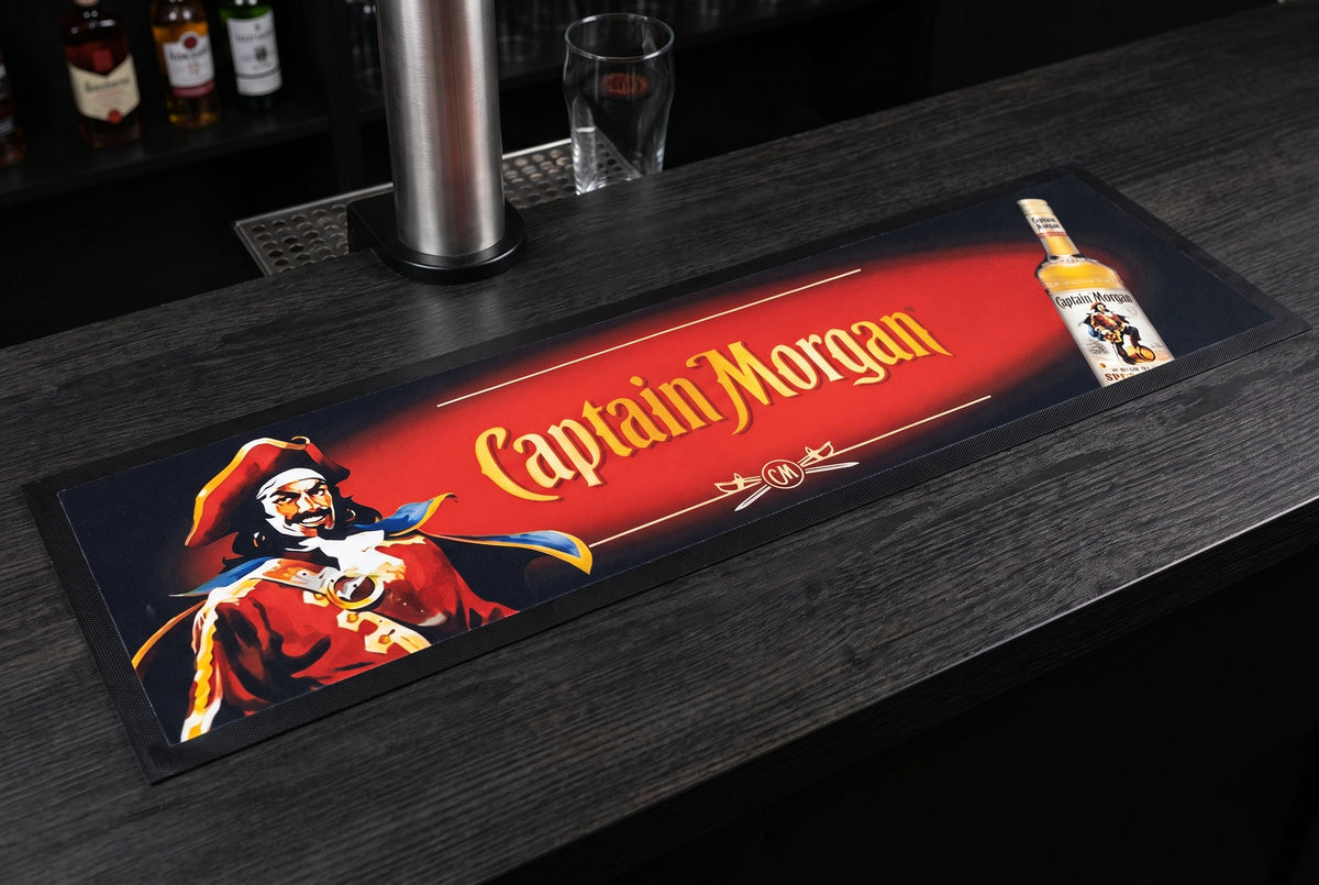 Captain Morgan Premium Rubber-Backed Bar Runner on a bar top