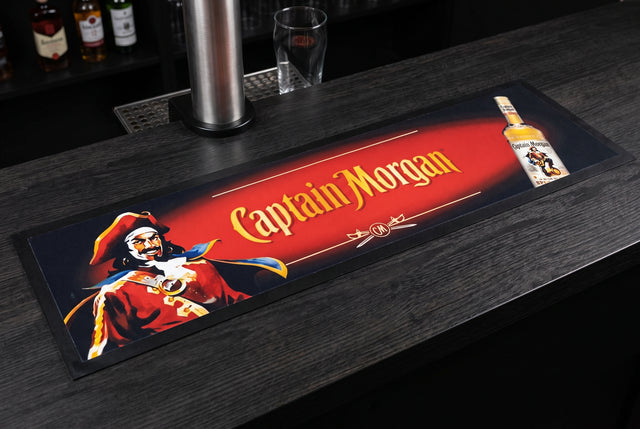 Captain Morgan Premium Rubber-Backed Bar Runner on a bar top