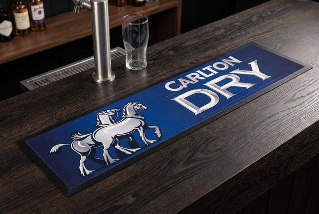 Carlton Dry Premium Rubber-Backed Bar Mat Runner on a bar top
