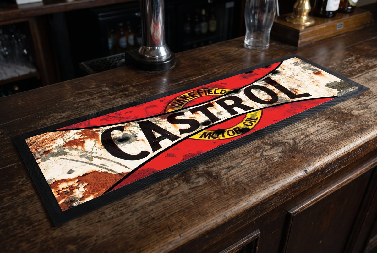 Castrol Wakefield Motor Oil Premium Rubber-Backed Bar Mat Runner on a bar top