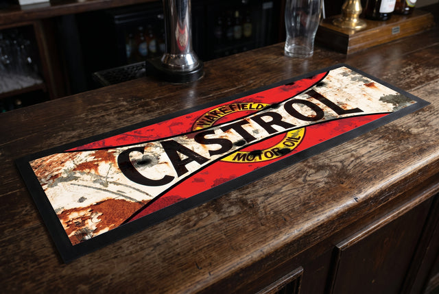 Castrol Wakefield Motor Oil Premium Rubber-Backed Bar Mat Runner on a bar top