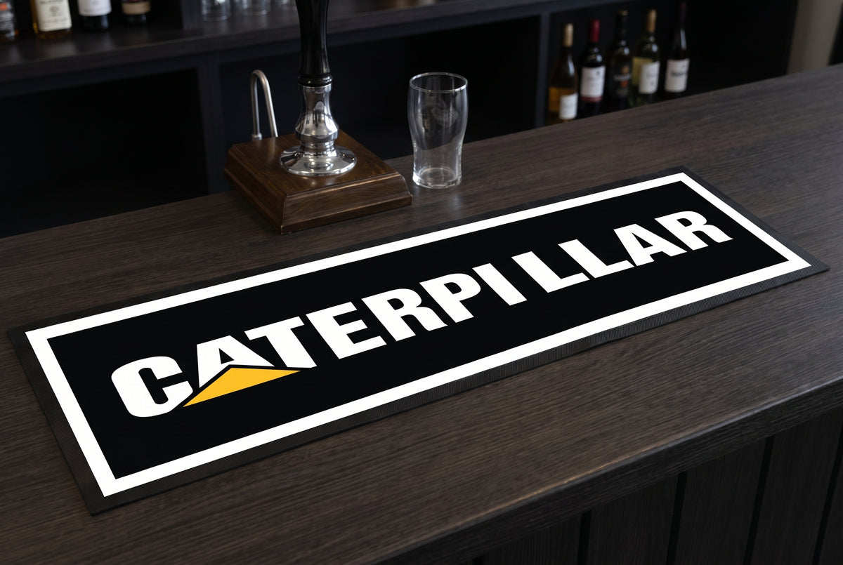 Caterpillar CAT Premium Rubber-Backed Bar Mat Runner on a bar top